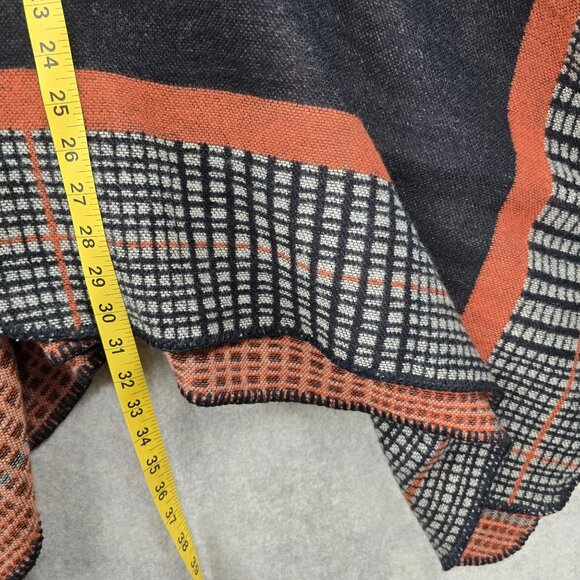 Reversible Acrylic Poncho Shawl With Plaid & Solid Pattern In Black & Orange - Picture 5 of 5